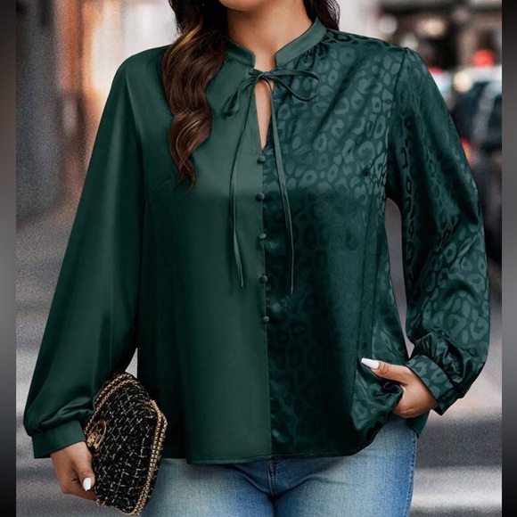 Classic Elegant Two Tone Leopard Print Top Blouse Shirt Blue - Picture 13 of 16